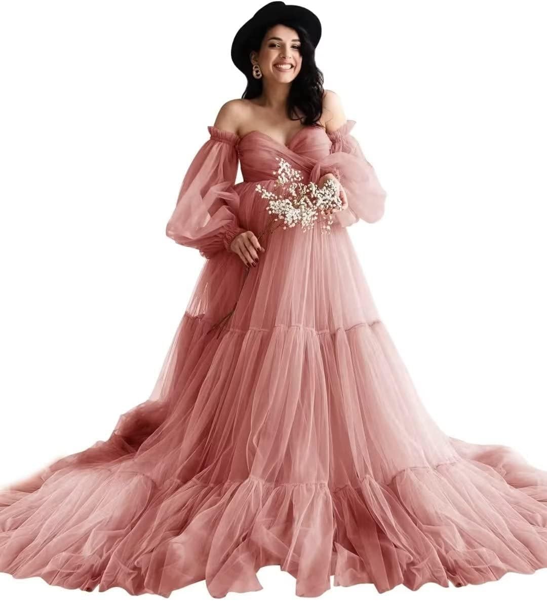 Tulle Maternity Dresses for Photoshoot Off Shoulder Baby Shower Dress Long Sleeve Bridal Lingerie Pregnancy Gowns