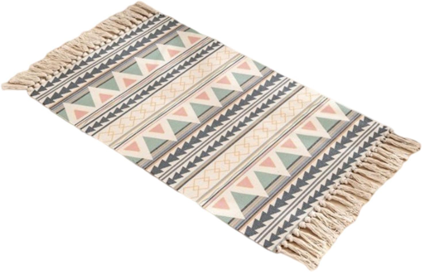 Mlec tech Retro Decorative Cotton Area Rug, Hand Woven Machine Washable Rag Rug Entryway Thin Floor Mat Carpet with Tassel for Living Room Bedroom