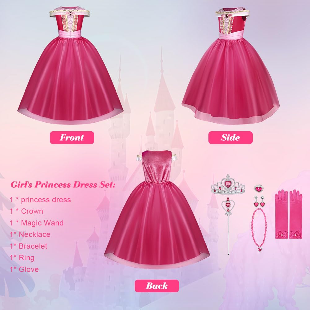 BSBUY Costumi Principessa Aurora, 6 PCS Vestito Bambina Bella Addormentata con Accessori, Abiti Rosa da Carnevale Halloween (110cm)