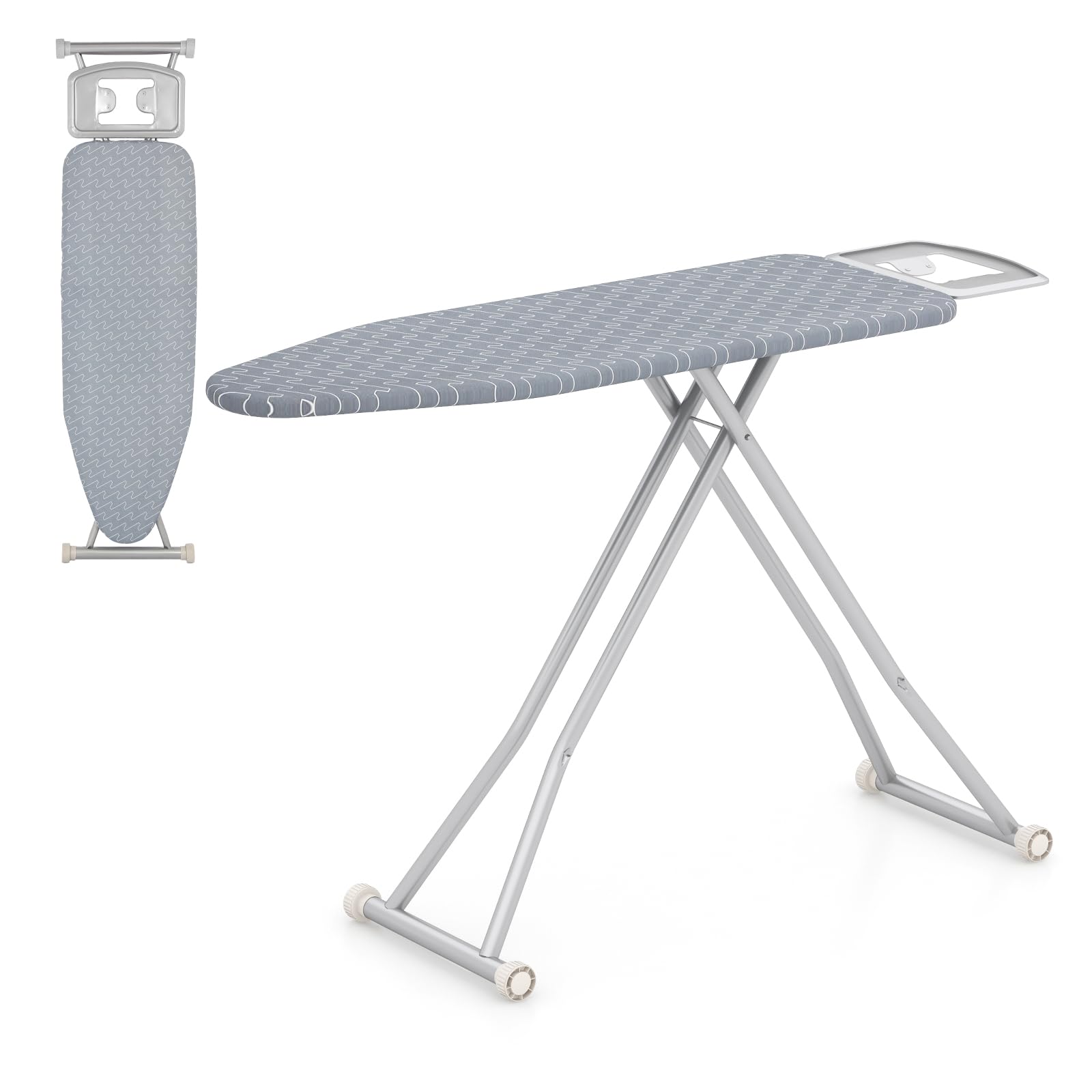 COSTWAY Ironing Board Full Size, 55” x 15” Foldable Iron Stand with Iron Rest, 7 Adjustable Heights & Removable Cover, Heavy-Duty Steel Frame, Portable Ironing Table for Small Place Home Laundry Room