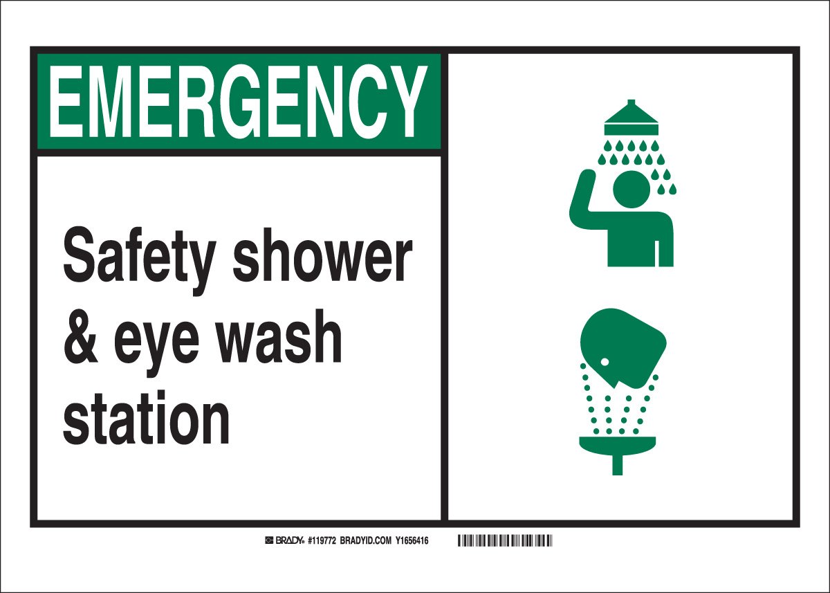 Brady120673 "Emergency Safety Shower and Eye Wash Station" Sign, Aluminum, 7" H x 10" W, Black/Green/White