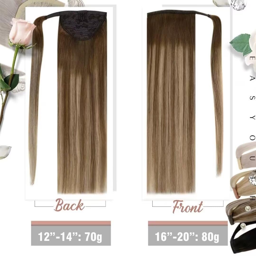 Easyouth Real Hair Ponytail Extension Balayage Brown Clip in Ponytail Hair Extensions Human Hair Ombre Medium Brown to Honey Blonde Ponytail Extension Human Hair 14 Inch 70g - Image 4