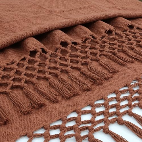 Image of HAKAM Cotton Throw Blanket with Macrame Tassels for 3 Seater Sofa | Ideal for Your Home, Living Room, Sofa, Bed, Chair, Picnic & Used for Gift - 50X70 inch (Rust, Single)