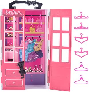 PH PandaHall Dollhouse Miniature Cabinet Hot Pink Plastic Open Storage Wardrobe Modern Cabinet Organizer with 30pcs Hangers for Role Play Doll Furniture Display Christmas Decoration Birthday Gift