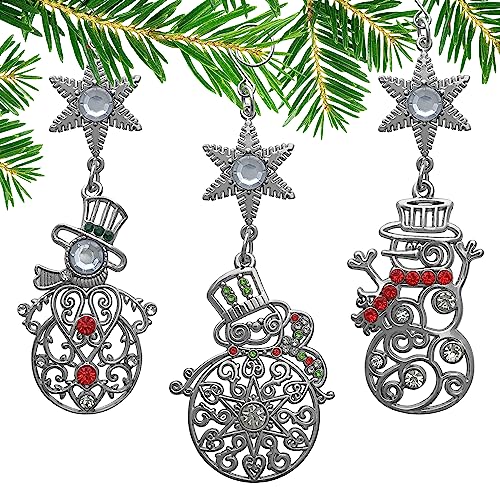 Snowman Christmas Ornaments - Set of 3 Jeweled Filigree Designs - Silver Snowmen Xmas Tree Hanging Decorations - Gift Storage Bag Included - Each Snowman Measures 1 1/2