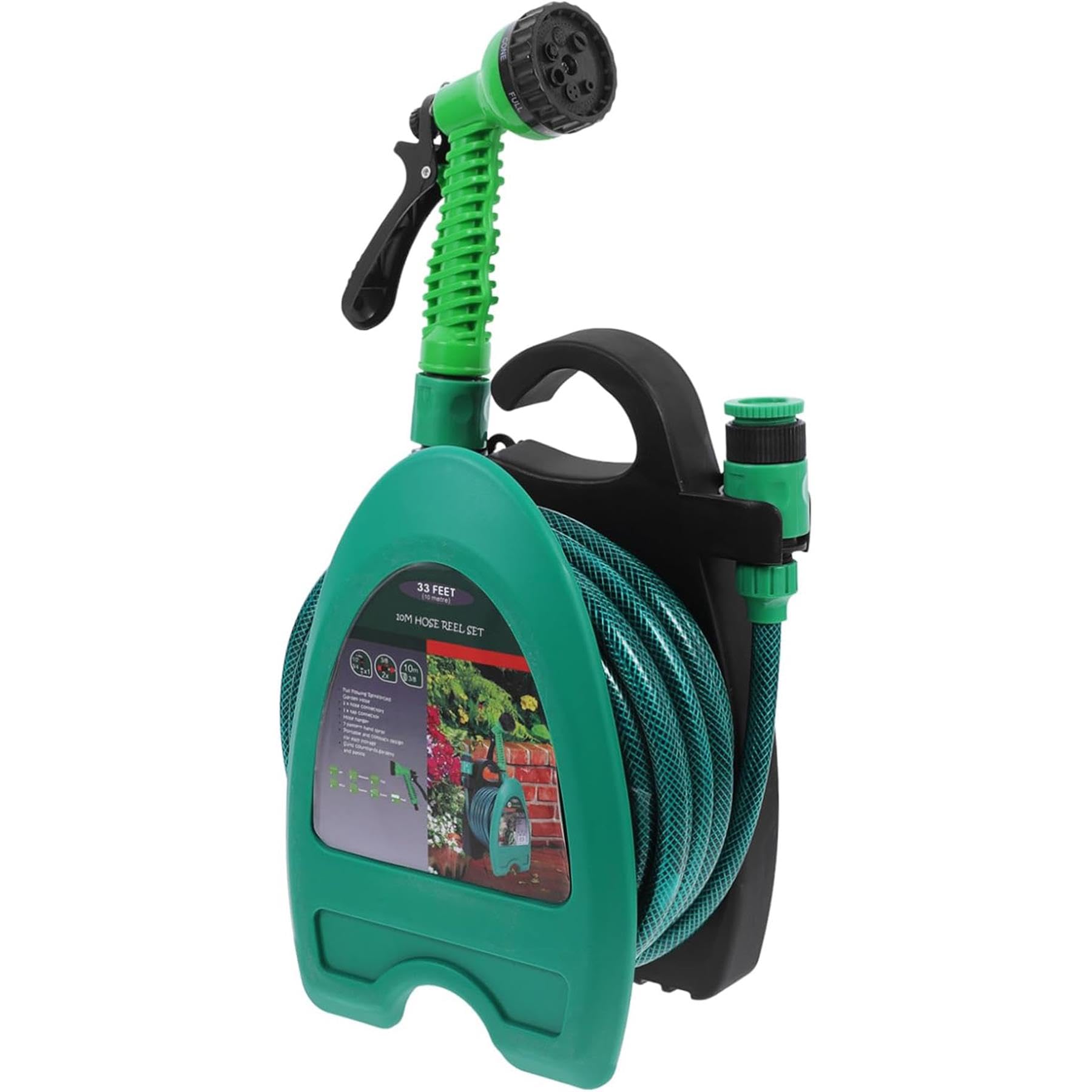 Dapetz Green ® Mini Hose Pipe Reel With 10M / 32 Feet Water Spray Gun 7 In 1 Adjustable Nozzle Garden Hose Compact & Portable Watering For Garden, Cars, Balconies & Outdoor Use
