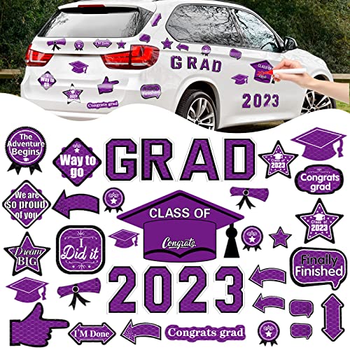 37Pcs Graduation Car Reflective Magnets Grad 2023 Car Decorations Waterproof Decal Graduation Cap Fridge Refrigerator Automotive Garage Door Magnetic Sticker For Cars Metal Surface (Purple Black) #TOP4