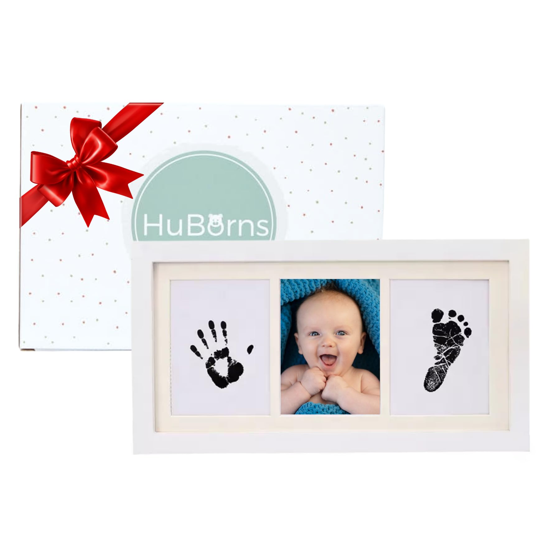 HuBorns – Marco huellas bebé recién nacido con tinta, kit completo para huella pie y mano, cuadro recuerdo original, regalo bebé niño o niña y decoración habitación infantil - 1