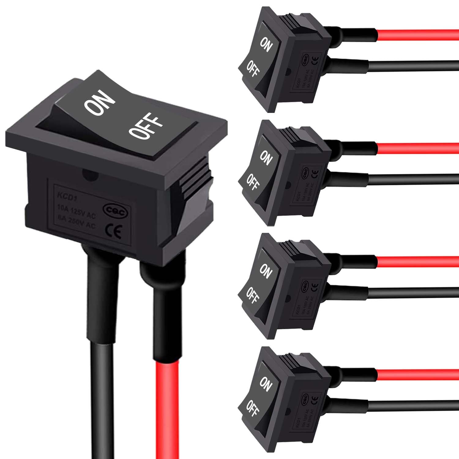 VEXUNGA Rocker Switch 12V Toggle Switch ON Off KCD1 Mini Rocker Switches 2 Pin AC 6A 250V 10A 125V SPST 2 Position Black Square (5Pcs With Leads 5Pcs Without Wires
