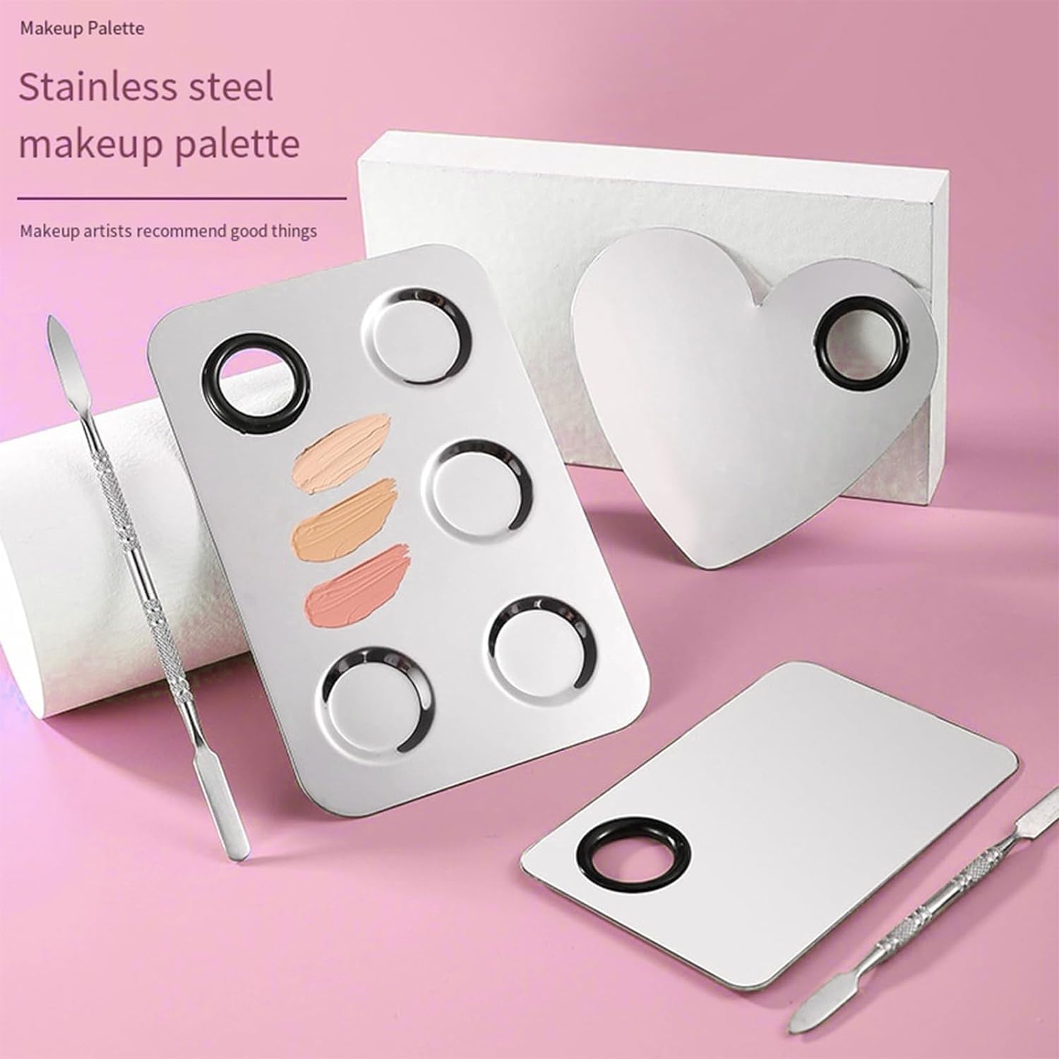 Makeup Mixing Palette, Feelhigh Stainless Steel Cosmetic Artist Mixing Palette with Spatula,Stocking Stuffers for Women Makeup Spatula Makeup Mixing Foundation (Ring shaped) 3