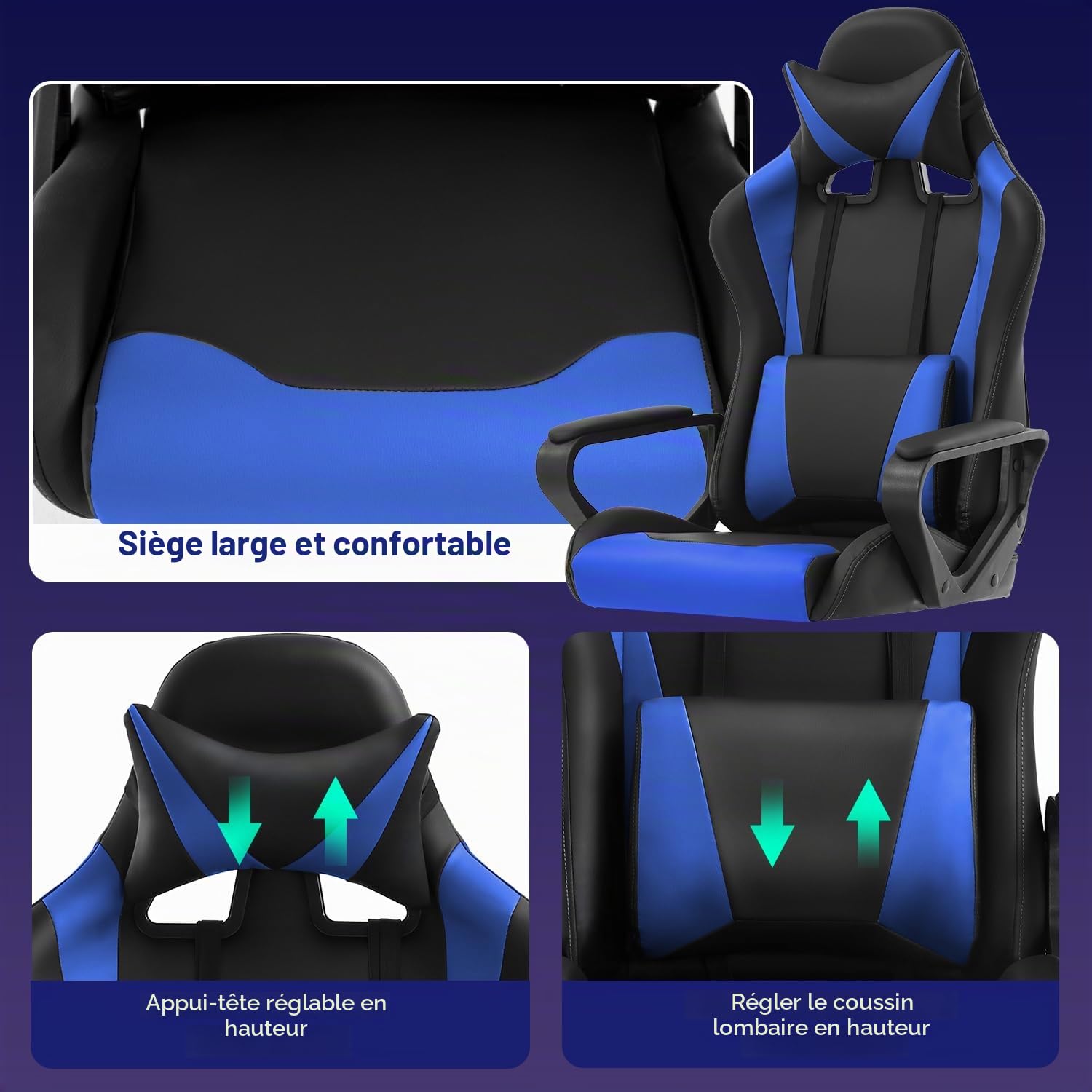 BestOffice Chaise Gaming,Ergonomique Fauteuil Gaming,Chaise Gamer avec Coussin Lombaire et Appui-tête, Siege Gaming Hauteur Réglable, Siège Gamer Bleu