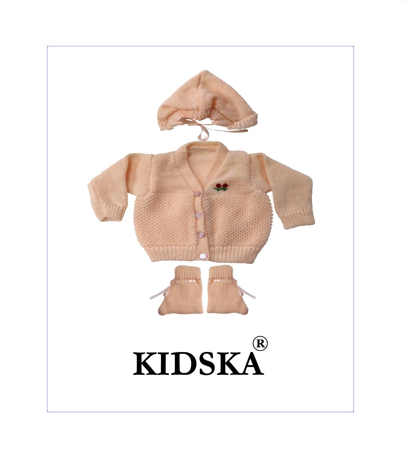KIDSKA Baby Girl's Soft Woolen Knitted Sweater Suit with Cap and Socks (Peach, 6 to 9 Months) 3 Pcs Set Long Sleeve V Neck Regular Fit 3