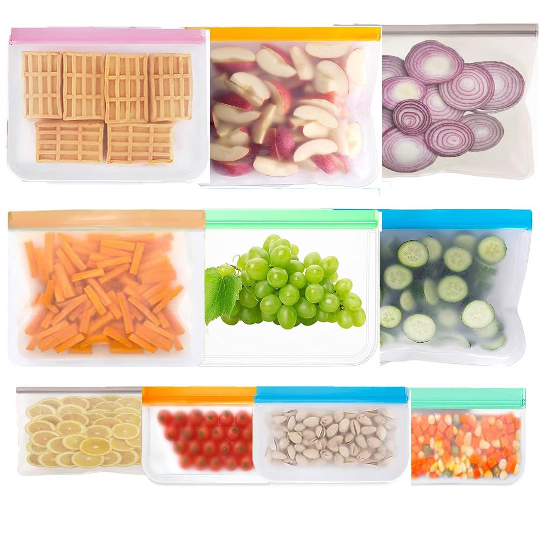 Reusable Sandwich Bags ResealableFood Storage Freezer Bags(Lunch Sized) Leakproof Kids Snacks Bags Extra Thick,Seal Technolog for Easier Grip,Open and Close(10.2 * 7.9In 6 Count)+(8.5 * 4.7In,4Count)