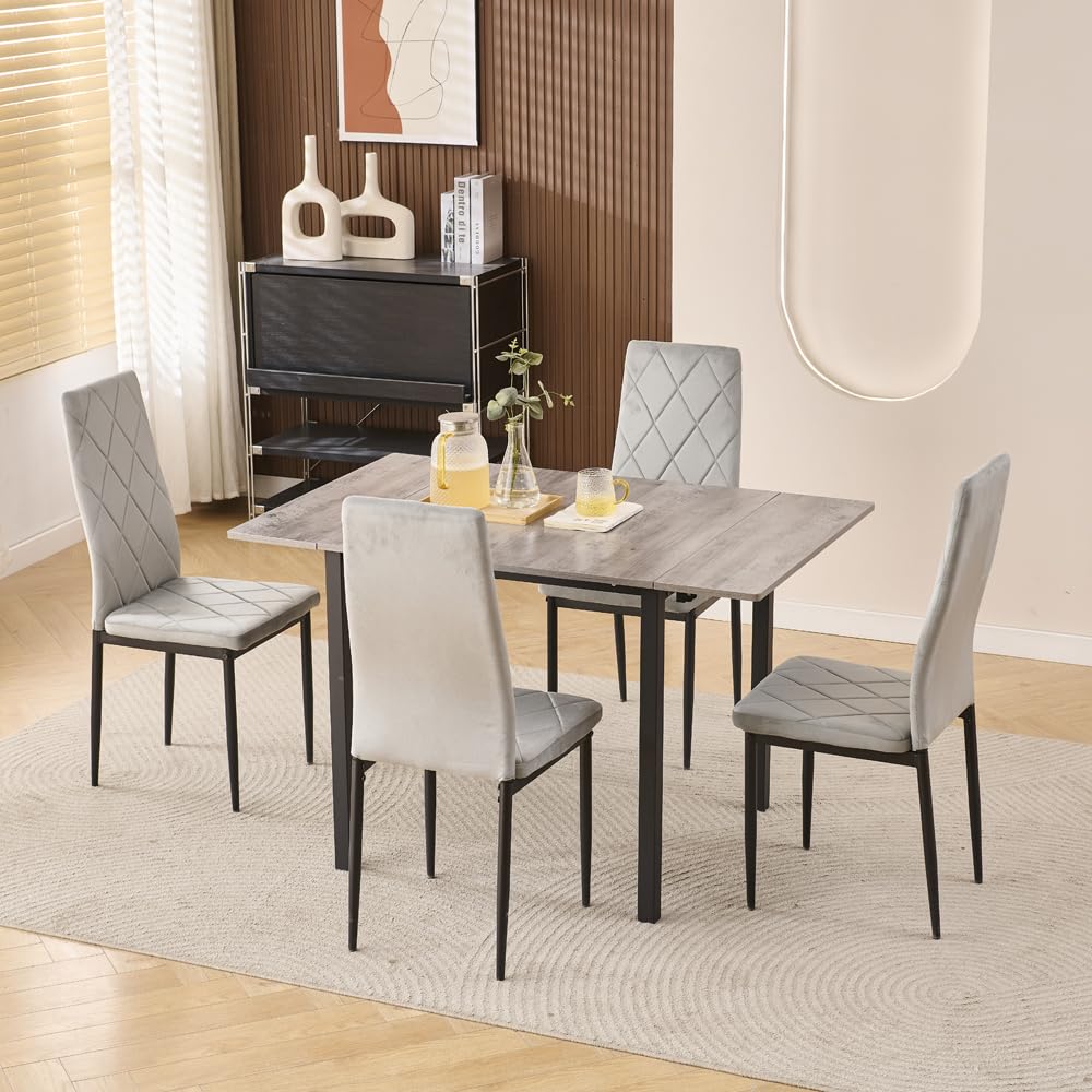 Homullel Drop Leaf Folding Dining Table and Chairs Set 4 Seater Dining Room Dinner Set for Small Spaces, Foldable Small Kitchen Table, Space Saving, Extendable (4 chairs, Flannel Gray #2)