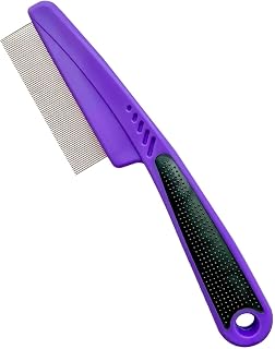 Yumflan Flea & Tick Comb for Dogs Cats - Fine Tooth Grooming Comb with Rubber Handle, Purple, Long Hair Safe