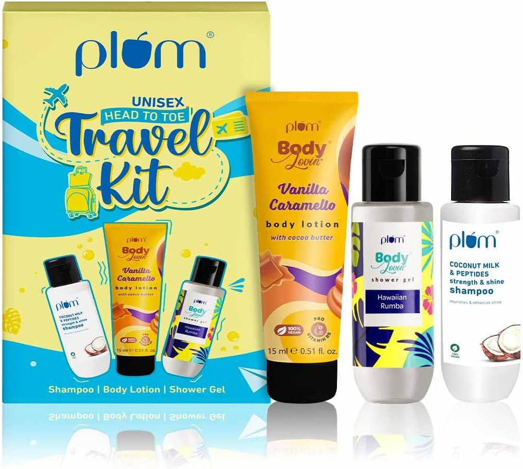 Plum Unisex Head To Toe Travel Kit | Hawaiian Rumba Shower Gel | Coconut Milk & Peptides Shampoo | Vanilla Caramello Body Lotion | Travel Friendly Personal Care Set
