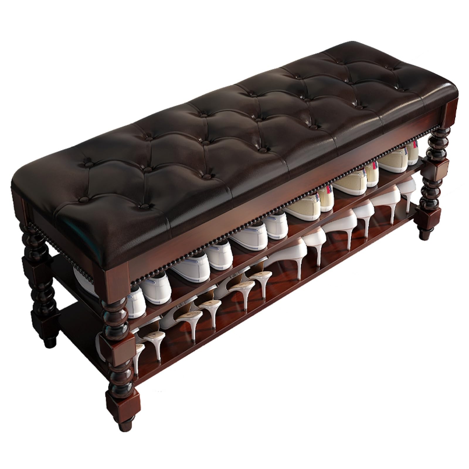 Banc à chaussures en bois massif avec rangement et coussin rembourré pour entrée moderne