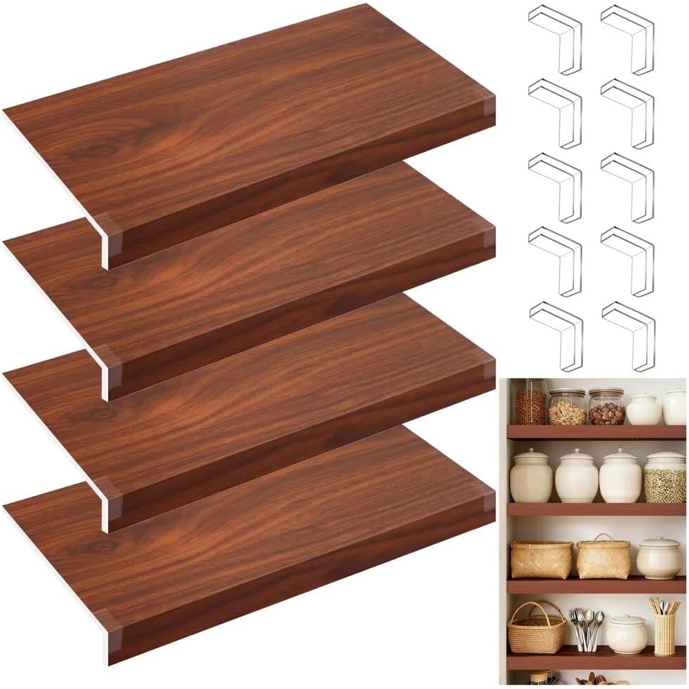 Wire Shelf Covers for Closet 48x16 inch, 4 Pcs Faux Walnut Wood Wire Rack Covers for Shelves, 2" High Shelf Covers for Wire Shelving, Waterproof PVC Shelfs Cover for Pantry Kitchen Bathroom Office