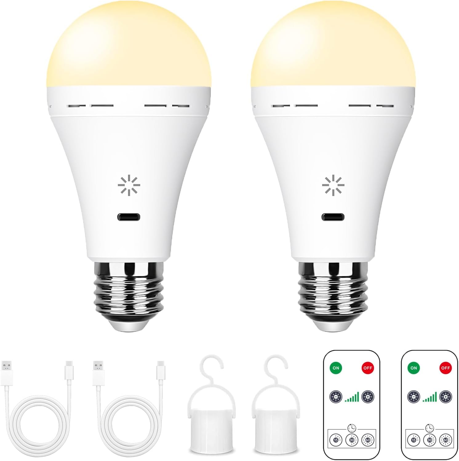 USB C Rechargeable Light Bulb with Remote Control, 7W Battery Powered Light Bulbs E27 Touch Control Dimmable LED Bulb, Outdoor Camping Emergency Light Bulb with Hook,Warm White Light/2 Pack