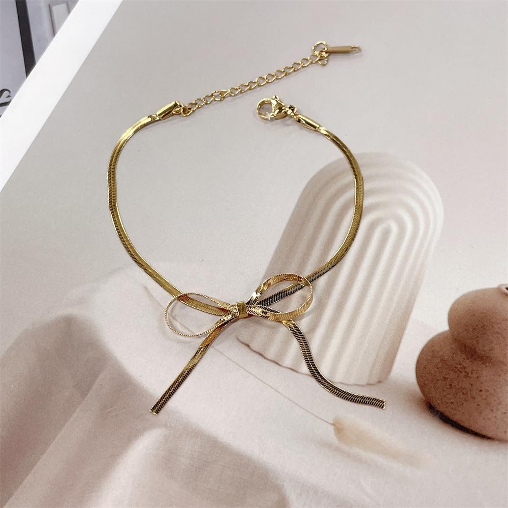 Gold Plated Big Bow Bracelet for Women Fashion Dainty Stainless Steel Minimalist Ribbon Snake Chain Bangle Bracelets Adjustable Trendy Jewelry for Her Bff - Image 3