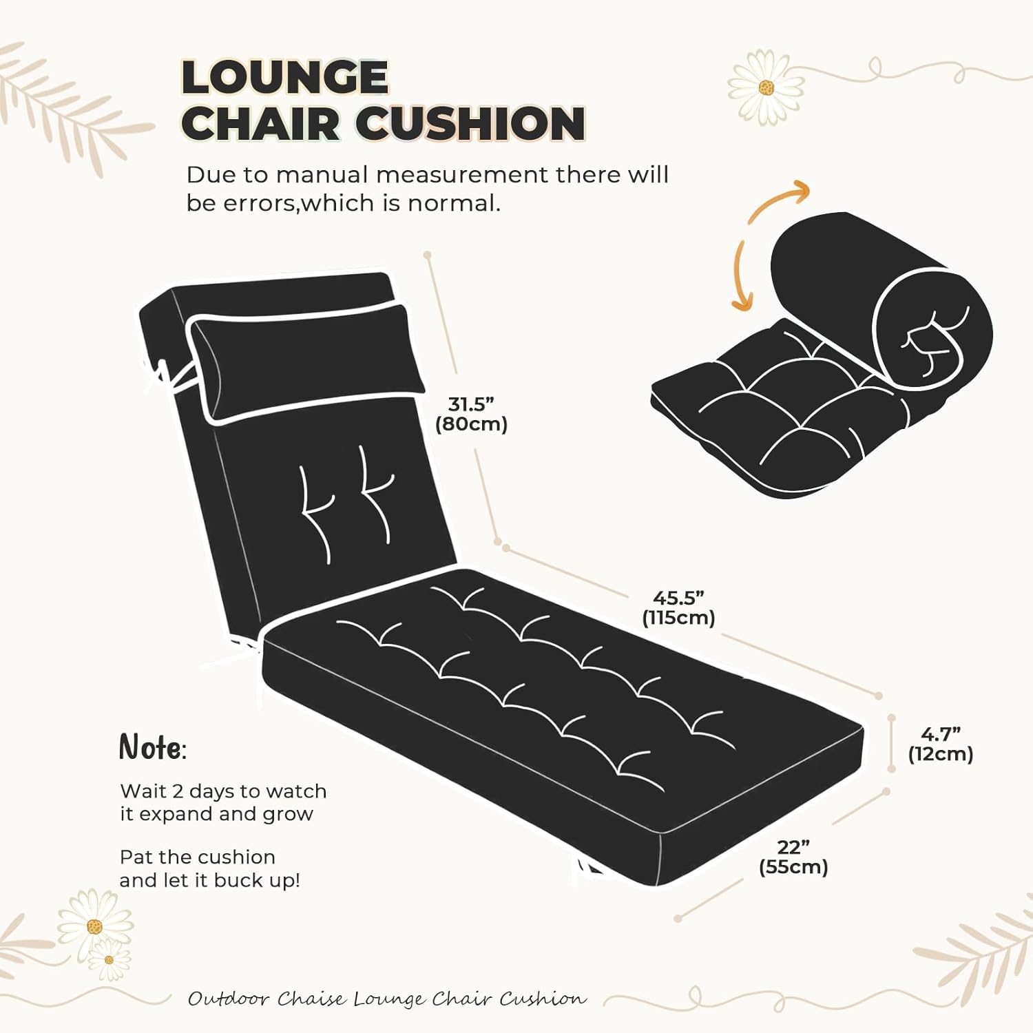 waterproof lounge chair cushion outdoor for chairs, fade resistant chaise lounger replacement cushions with 6 ties, thickened memory foam pool lounge chair cushions, 76 x 22 x 4.7 inches, black 2#