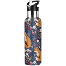 Kcldeci 34 oz Stainless Steel Water Bottle with Straw,Fox and Strawberry Vacuum Insulated Leak-Proof Sports Water Bottle for Travel