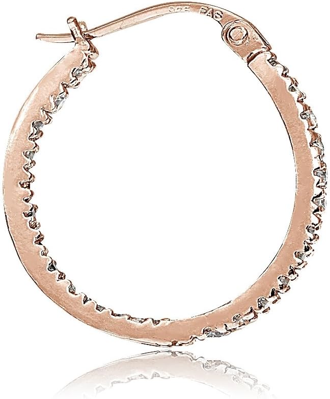 Hoops & Loops 925 Sterling Silver Cubic Zirconia Inside Out 17mm, 20mm, 25mm Round Click-Top Hoop Earrings for Women, Silver, Rose & Yellow Gold