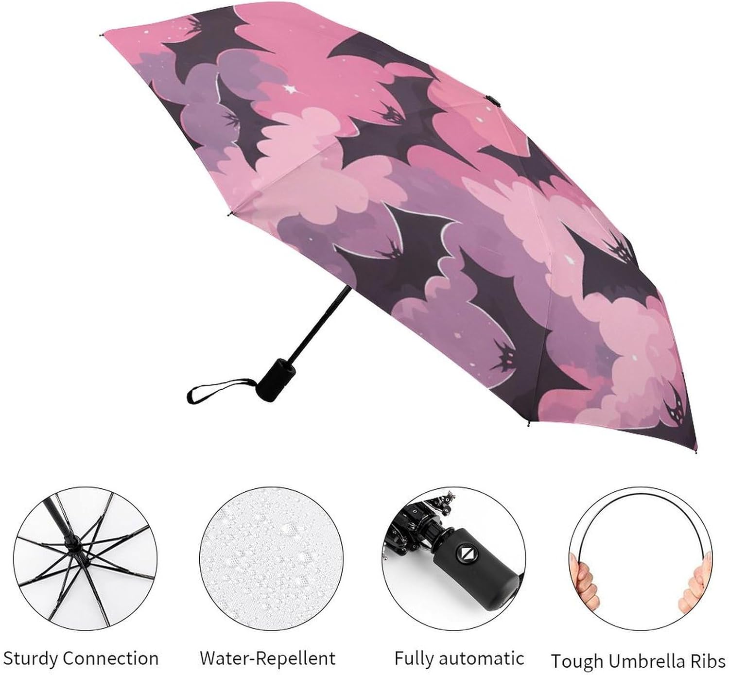 Gothic Bat Roses Halloween Umbrella Portable And Automatic Folding Umbrella for Rain & Sun Travel