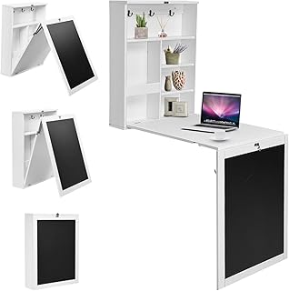 CASART Wall Mounted Computer Desk, Folding Convertible Wall Table with Blackboard & Storage Shelves, Multifunctional Floating Laptop Desk Workstation for Home & Office (White)