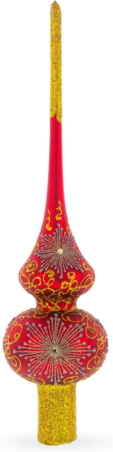 Radiant Jeweled Snowflake on Red Blown Glass Christmas Tree Topper 11 Inches
