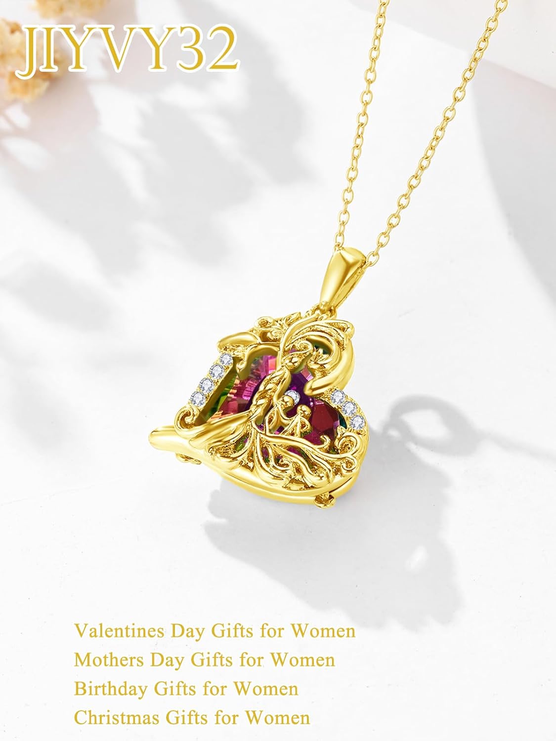 14K Gold ValentinesTree Of Life Necklace Gifts for Women,Mother and 2 Pendant Stone Family Tree Necklaces,Valentines Anniversary Birthday Gifts for Her Wife Mom Grandma Daughter - Image 2