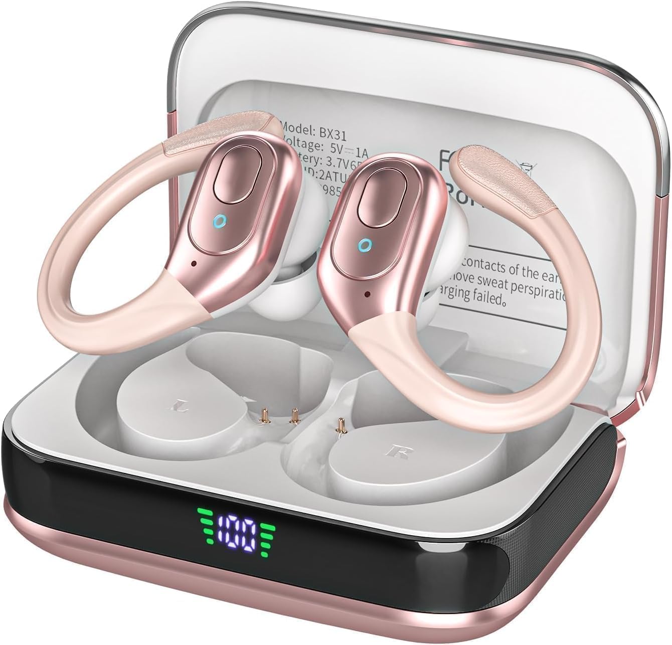 sajawass Wireless Earbuds Bluetooth 5.3 IPX7 Waterproof Noise Canceling, 75H Playtime LED Display Over-Ear Hooks for Sports - Rose Gold