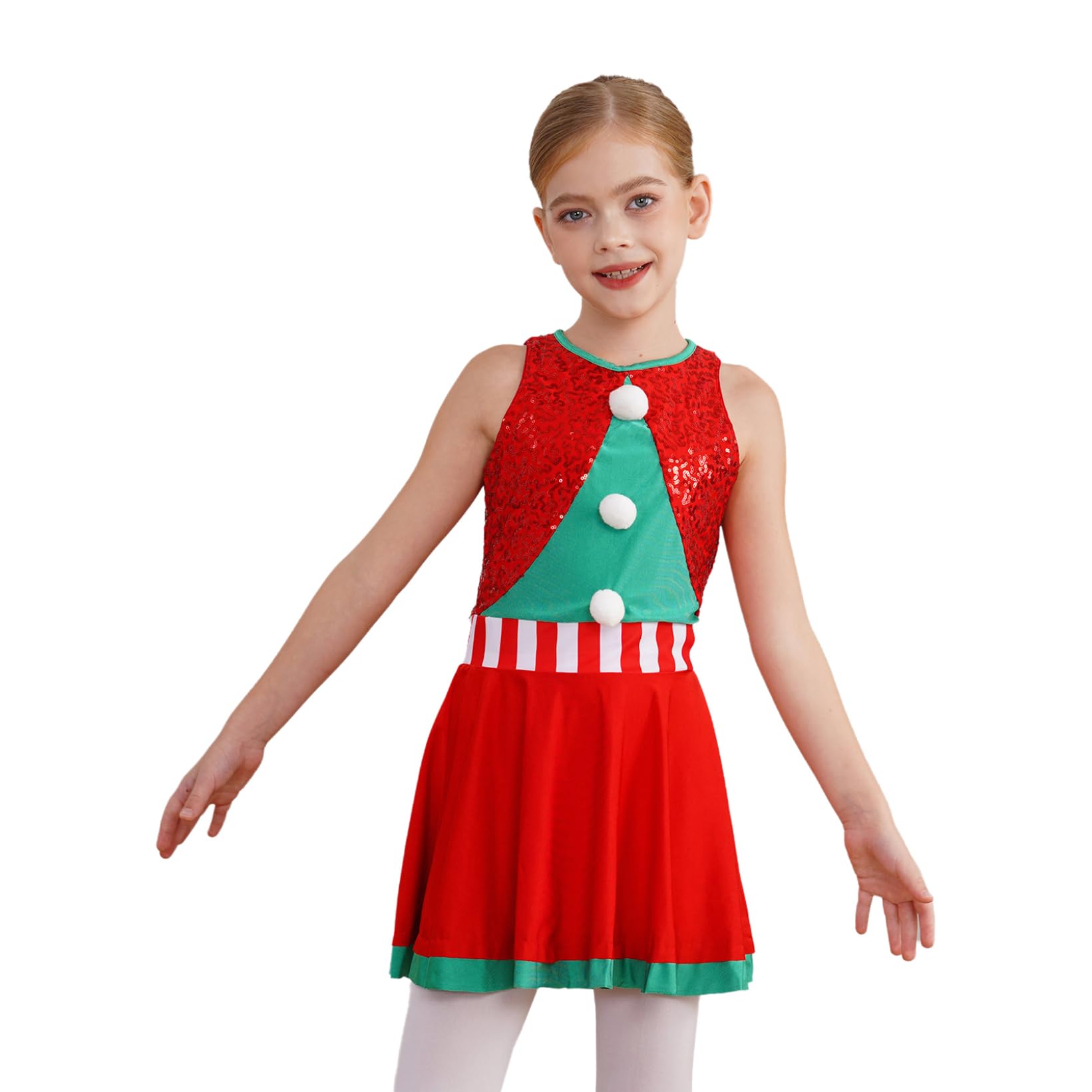 JanJean Kids Girls Christmas Elf Sequin Figure Ice Skating Dress Xmas Holiday Solo Show Themed Party Fancy Dress Up Red 12 Years