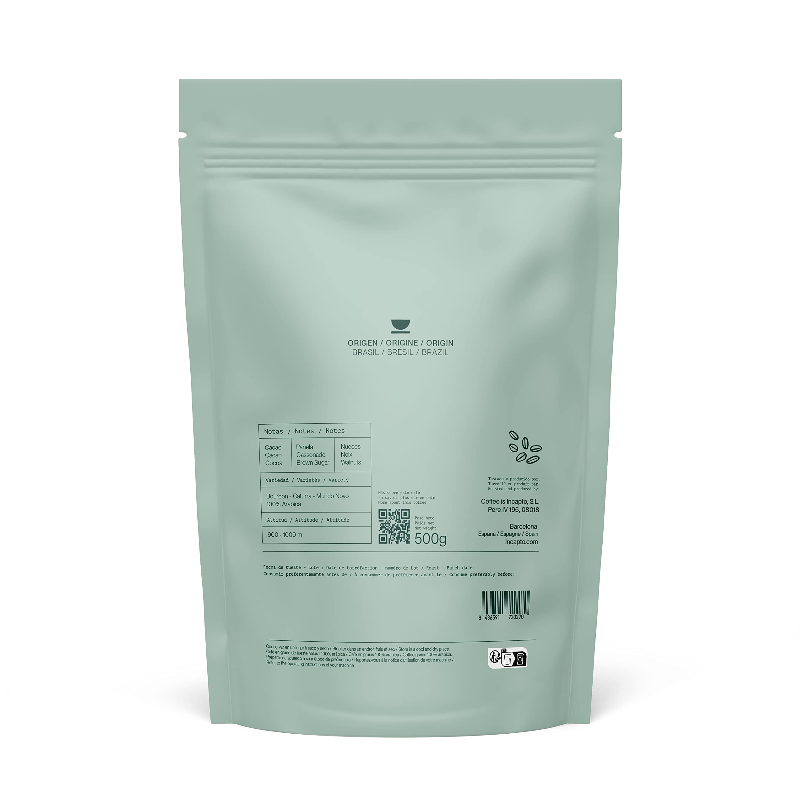 Incapto Café Descafeinado de Especialidad en Grano 500g 100% Arábica Brasil Swiss Water Decaf