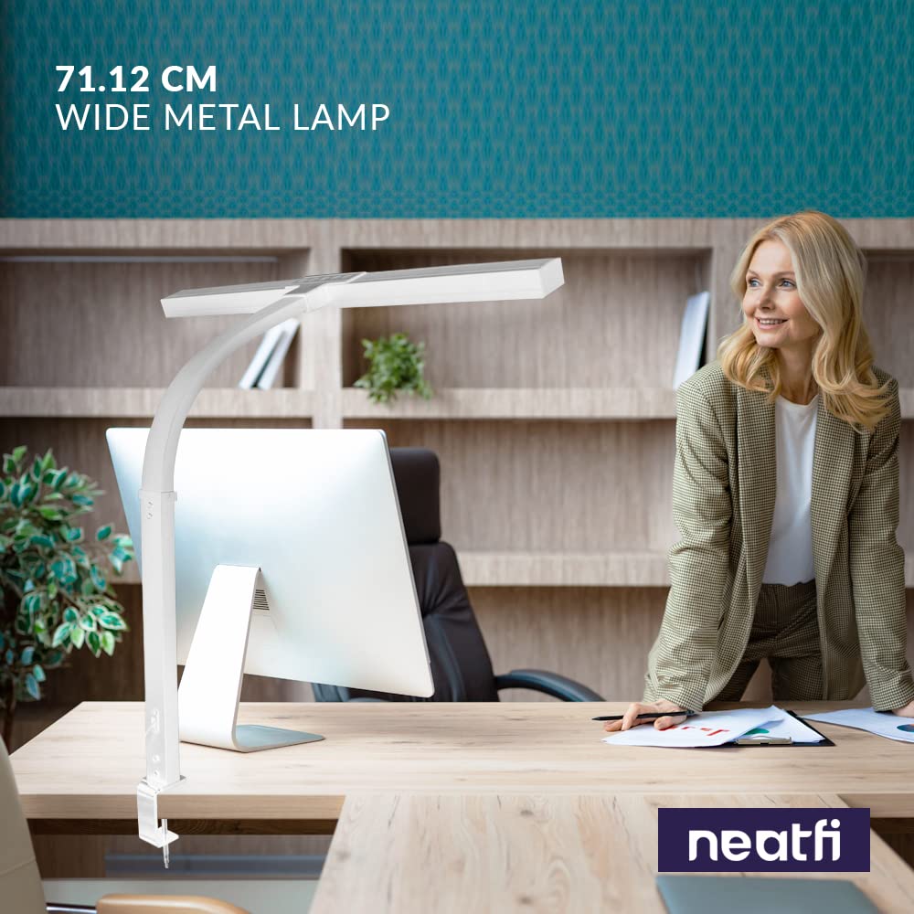 Neatfi (Nuovo modello) Lampada da scrivania a LED moderna con morsetto, 3.000 lumen, 3000K-6500K, luce per monitor dimmerabile, 5 livelli di luminosità e 5 modalità di illuminazione (71 CM, Bianco)