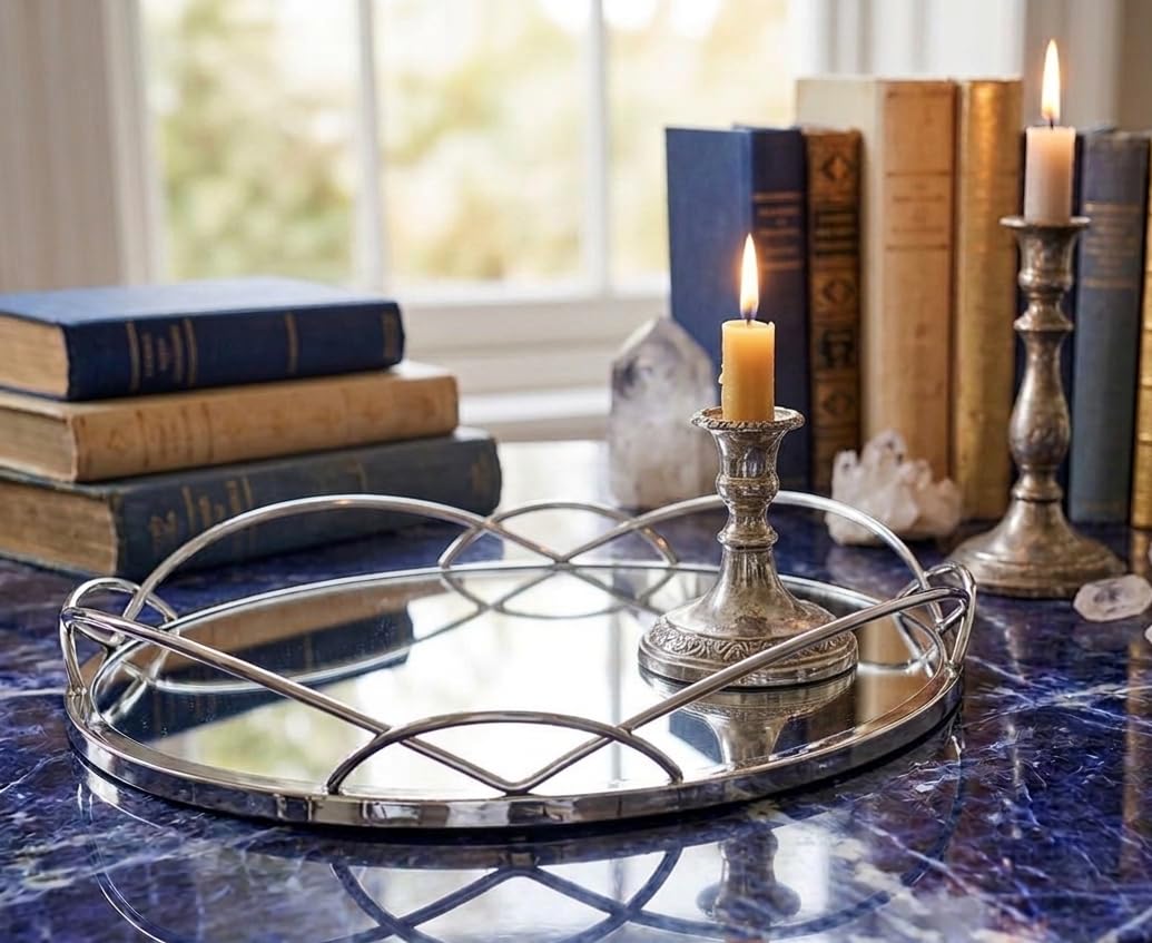 Biznest Silver Round Mirrored Candle Tray Metal Frame Drinks Tray Cosmetic Organizer Large 30Cm