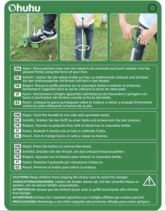 Ohuhu Weed Puller Stand Up Weeder Hand Tool with 3 Claws and Foot Pedal, Long Handle Garden Weeding Tool Standup Lawn Garden Tool for Dandelion, Standup Weed Root Pulling Tool and Picker, Length 1m