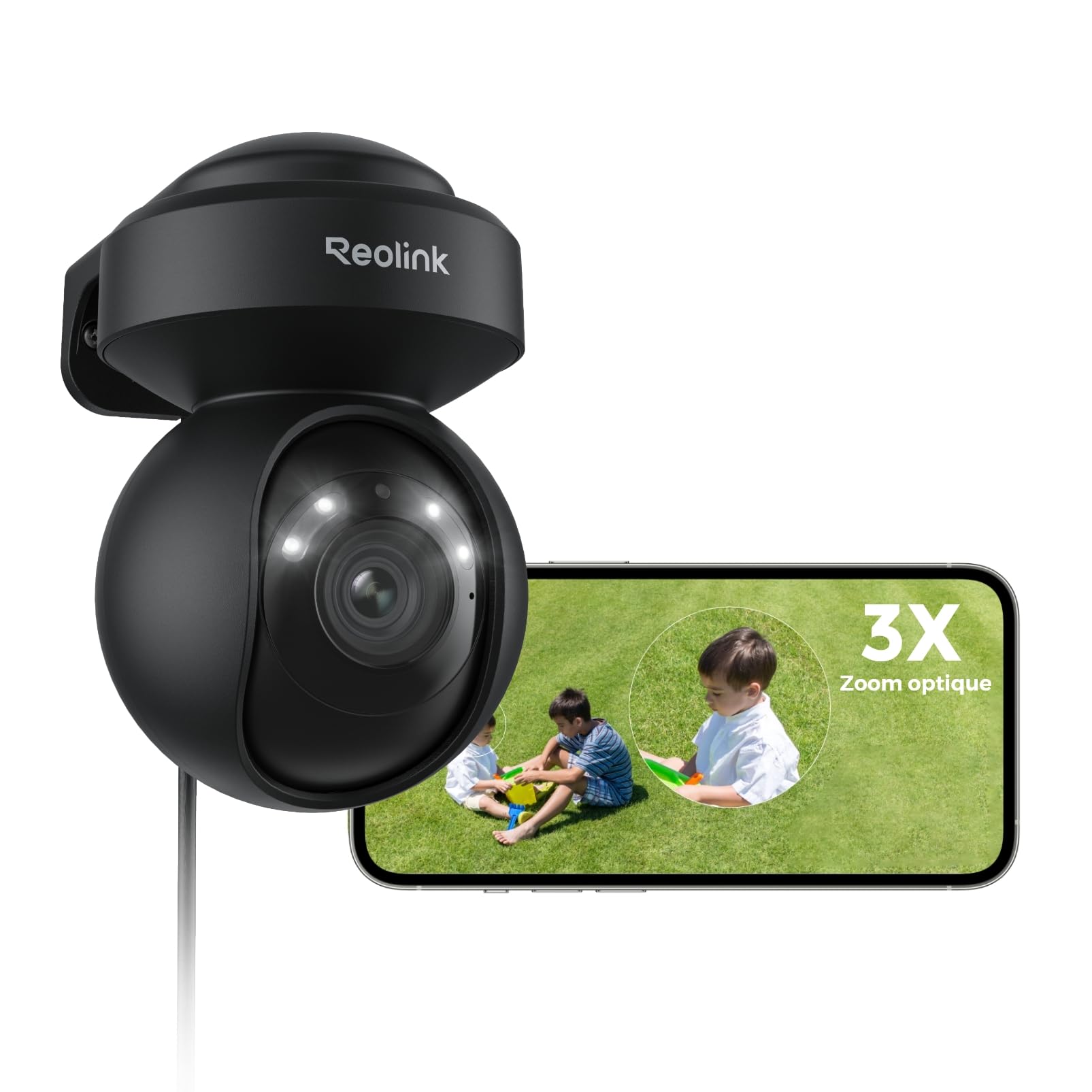 Reolink 4K PTZ Caméra Surveillance Extérieure Zoom Optique 3X Suivi Auto | Wi-FI 6, Détection Humain/Véhicule/Animaux, Vision Nocturne en Couleur 2,4 / 5GHz Audio Bidirectionnel, E1 Outdoor Pro Noir