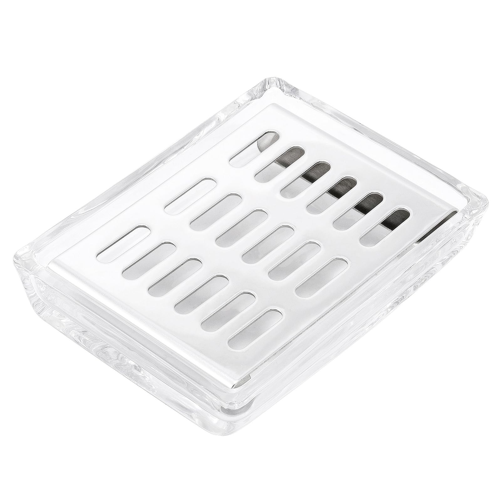Glass Soap Dish (11.3 x 8.5 x 2.4cm) Stainless Steel Soap Holder for Bathroom and Shower Double Layer Draining Soap Box (Slivery tray)