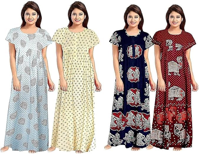 Image of Nighty for Women Cotton Printed Maxi Gown Ankle Length Nighty Night Dress Gown for Women Maxi - Free Size (Pack of 4)