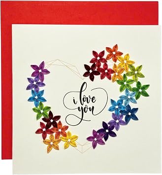 Handcrafted 3D Quilling Floral Heart I Love You Greeting Card for Love, Valentines Day, Mothers Day, Fathers Day or Anniversaries, Blank Inside, Ready to Gift, Includes Envelope