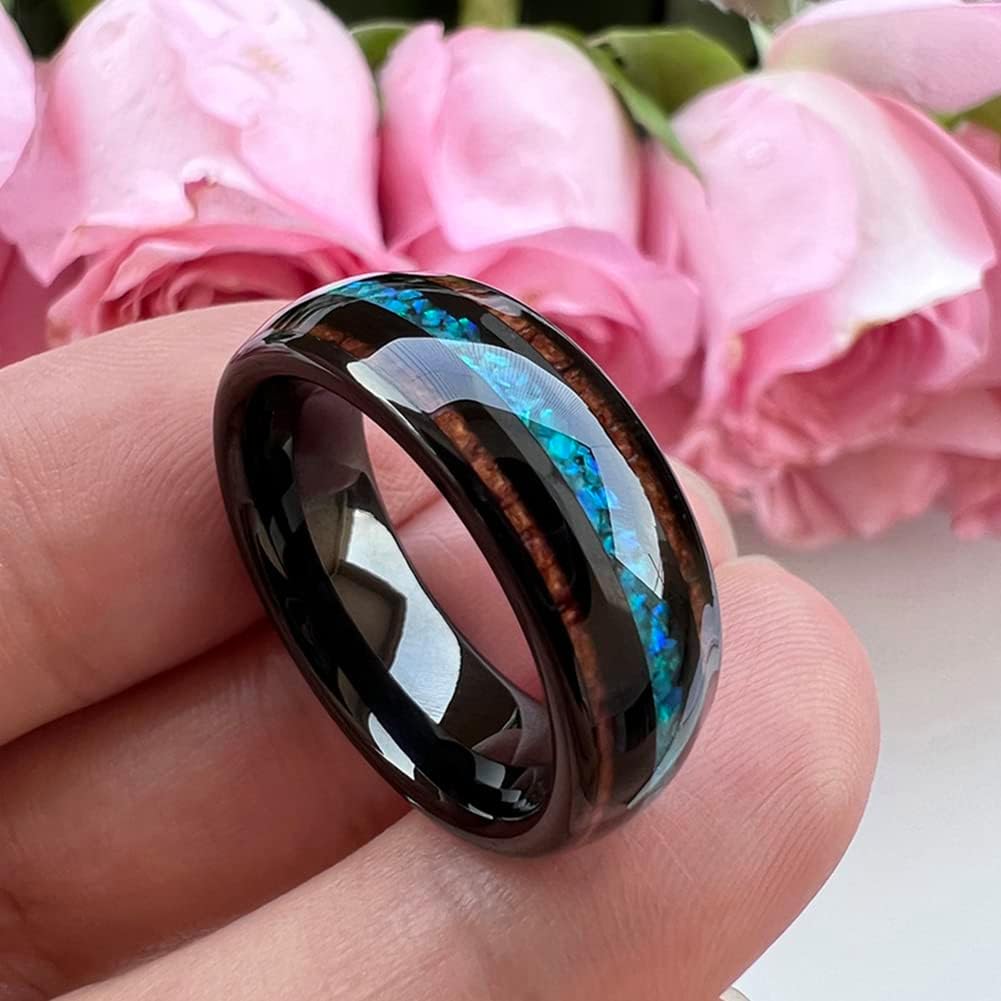 8mm Silver/Black/Gunmetal/Rose Gold Tungsten Rings for Men Women Engagement Wedding Bands Koa Wood Green Opal Inlay Domed I Love You Engraved Comfort Fit - Image 2