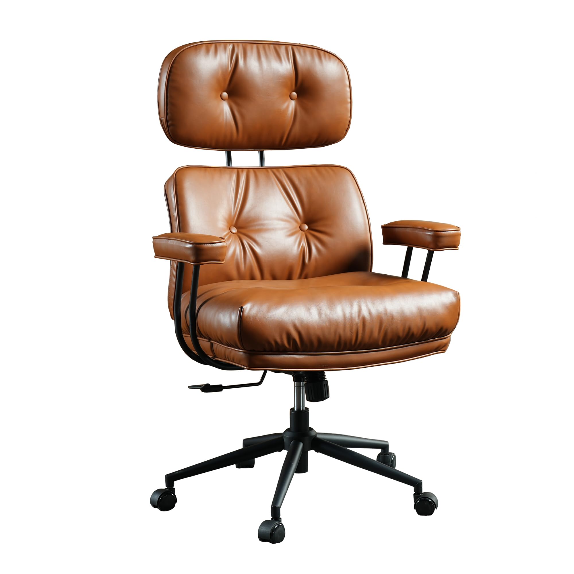 ovios Ergonomic Home Office Chair, Mid-Century Modern Faux Leather Chair with Lumbar Support, High Back Swivel Rolling Executive Chair with Comfy Thick Cushion (Brown, Faux PU Leather)