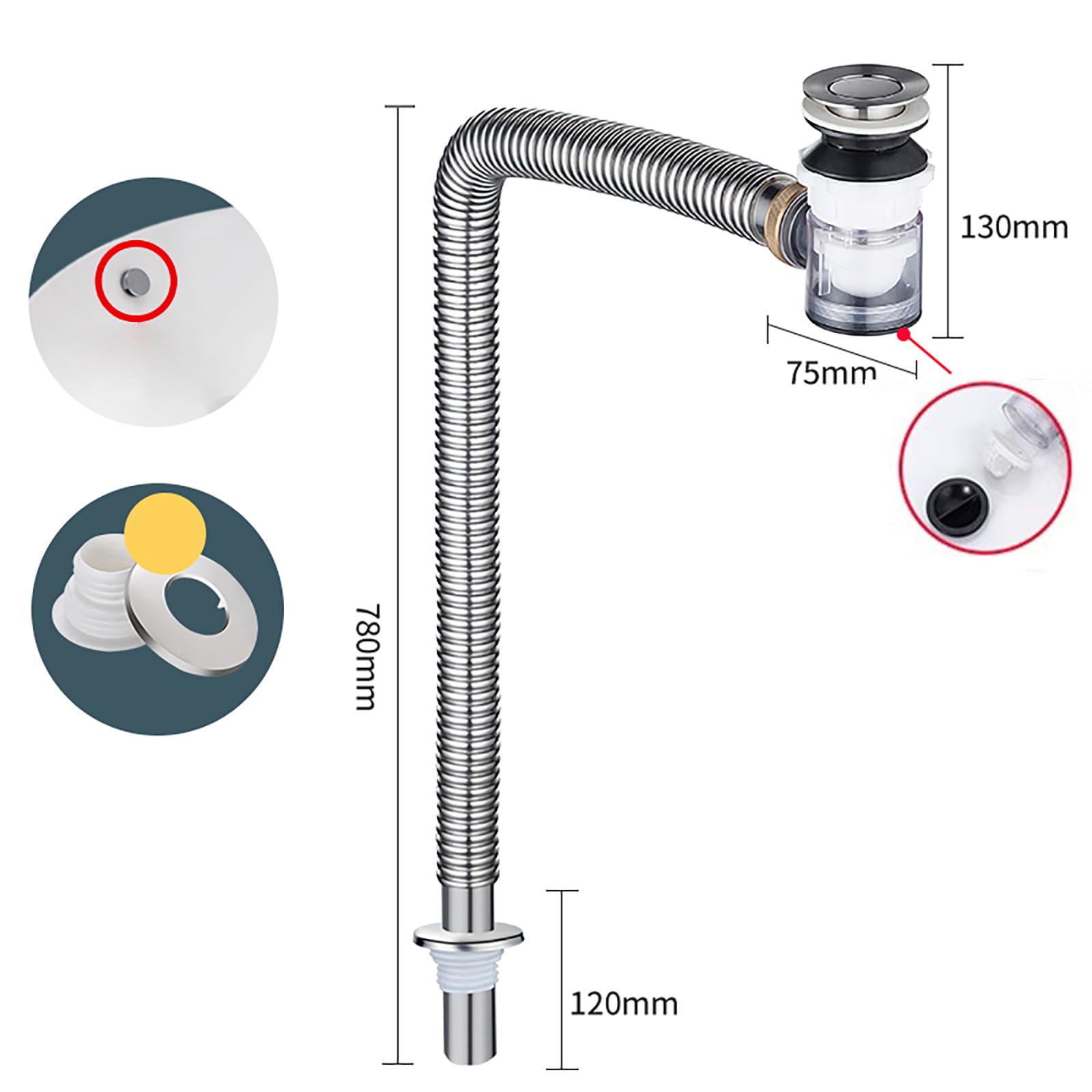 Sifon Lavabo de Acero Inoxidable,Rebosadero y Válvula Click Clack Lavabo Tubo Flexible Desague Lavabo,Anti-Odores Fregadero Kit de Desagüe Desague Lavabo