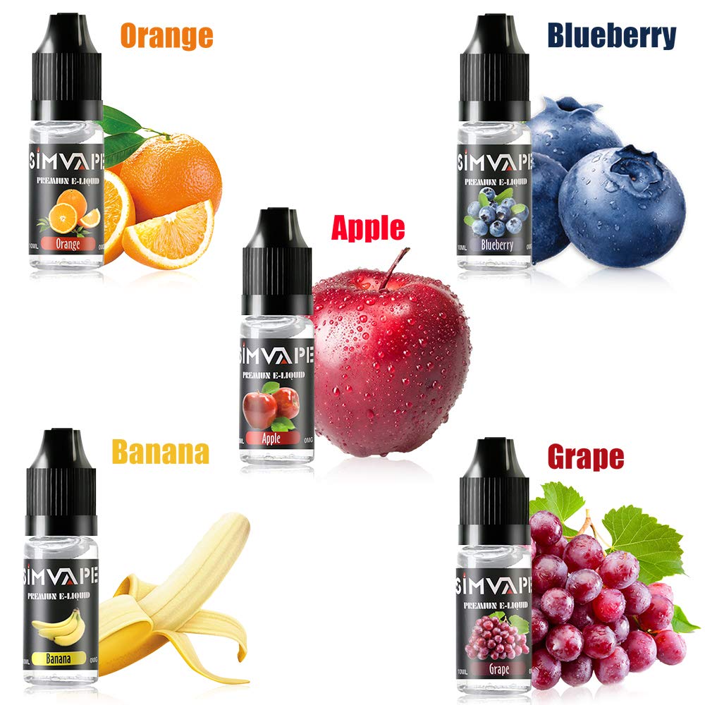 E Liquid 5x10ml, Vape Liquid für E-Zigaretten Starter Kit/Vape Pen/Smok,  SIMVAPE Vape Juice 70% VG / 30% PG Eliquid, E Juice ohne Nikotin E-Liquid, E  Cig Liquid: Apfel/Banane/Blueberry/Orange/Traube : Amazon.fr: High-Tech