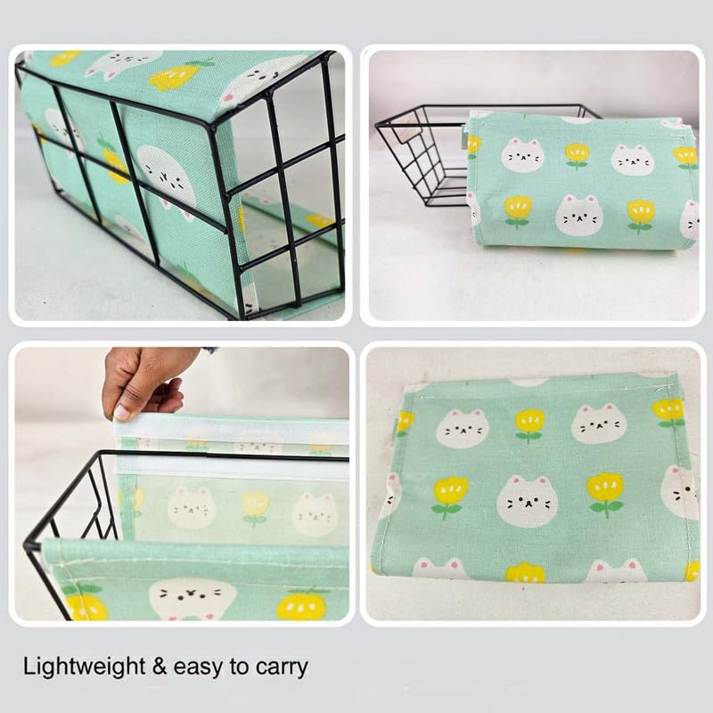 Image of Go Hooked Metal Storage Basket with Removable Fabric Liner | Mint Green Cat & Flower Print Multipurpose Organizer for Home, Bathroom, Study Desk | Decorative Wire Basket for Toys, Fruits, Snacks