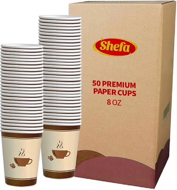 Shefa Coffee Cups - Paper Cups for Hot Drinks or Cold Drinks, Hot Cup Takeaway Coffee Cups for Coffee Shops - Heat-Resistant Coffee Cup, BPA-Free Paper Coffee Cups - 8oz, 50 Hot Drink Cups