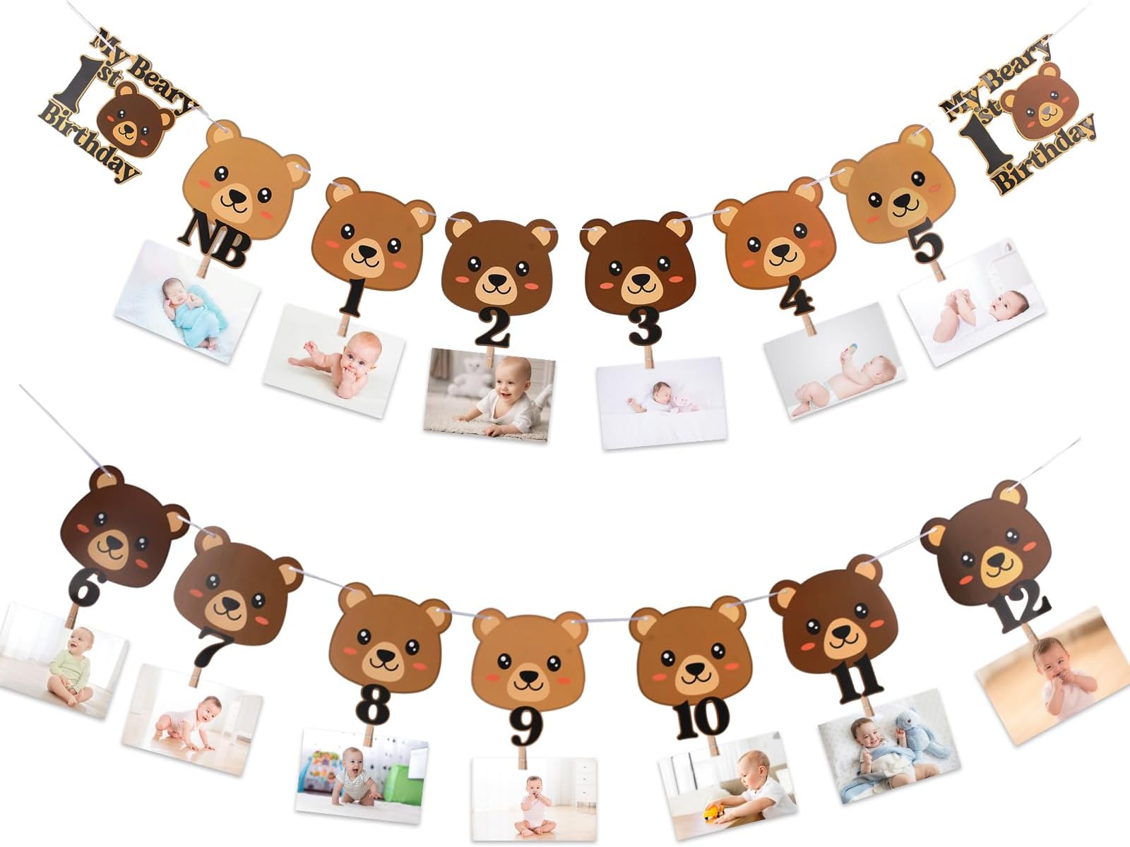 - Beary First Birthday Banner - Cute Bear Monthly Milestone Banner for Newborn to 12 Months - 1st Birthday Party Decor