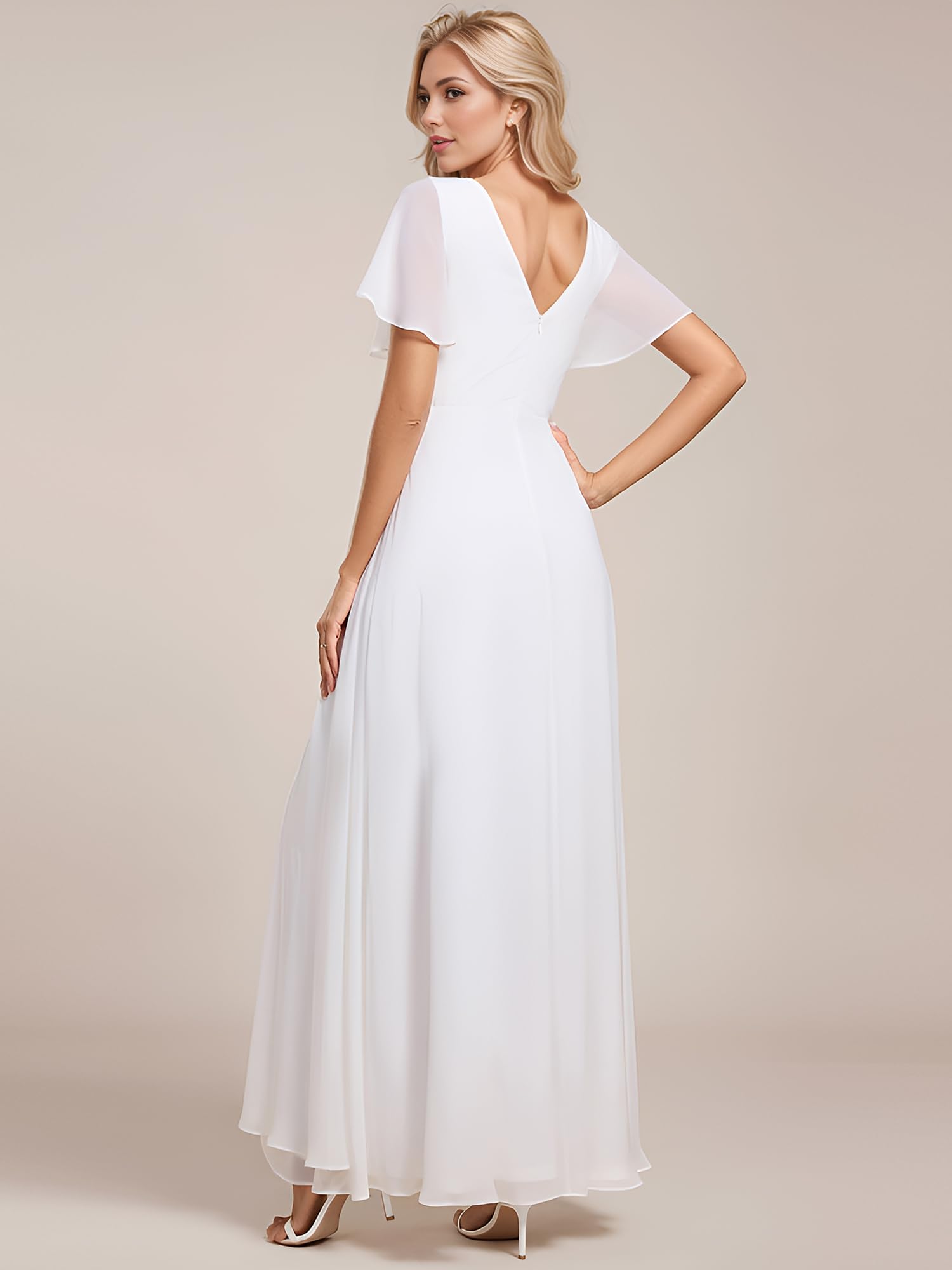 Ever-Pretty Robe de Soirée Femme Longue Mousseline Col V Fendu Manches Courtes ESS0050