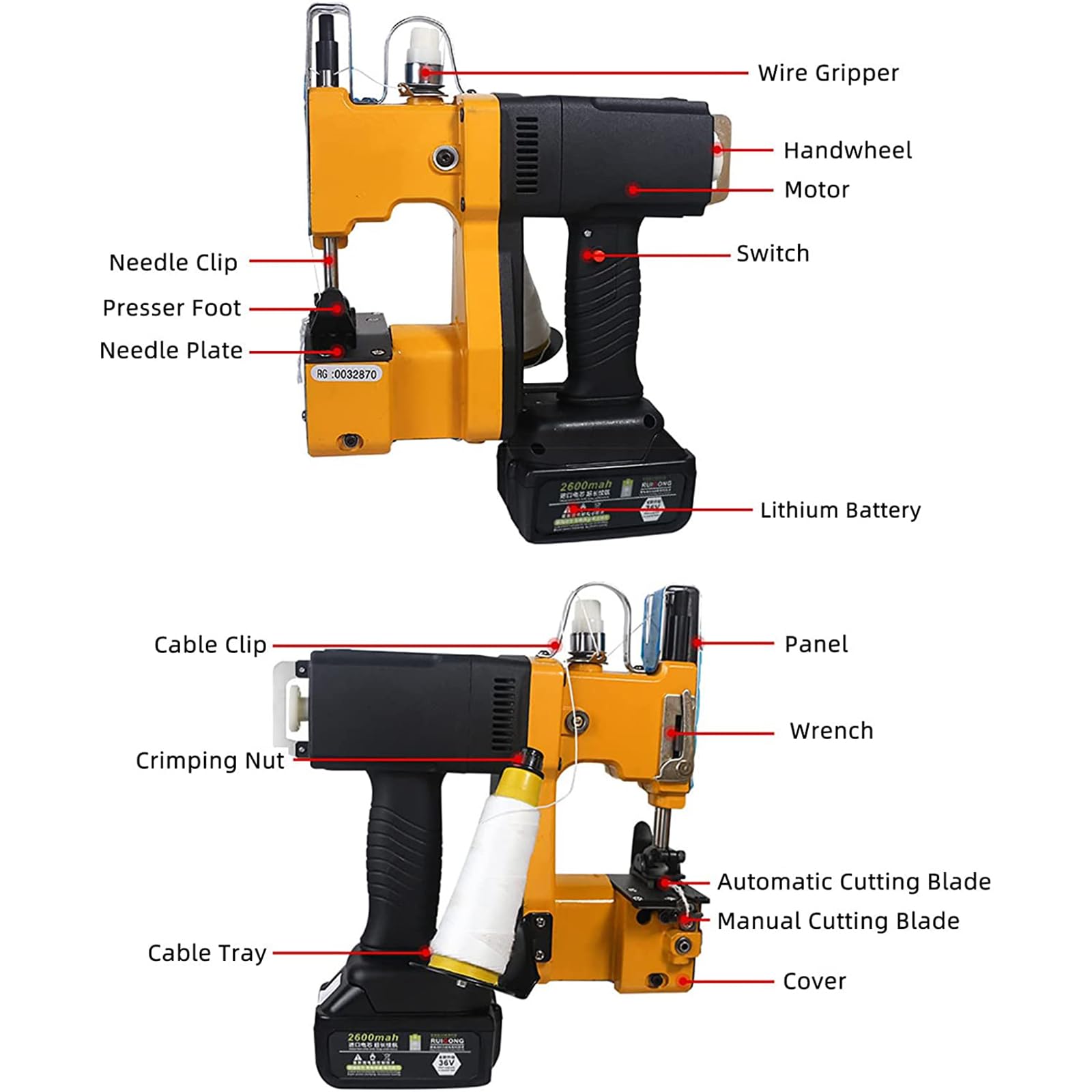 Cucitrice Portatile Manuale per Sacchi - Macchina Elettrica Cordless per Chiusura Sacchi | 2s/Sacchetto | Batteria al Litio Rimovibile | Macchina da Cucire Automatica per Sacchi | Ideale per Sacchi
